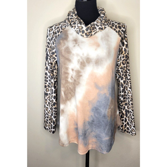 Cowl Neck Long Sleeve Small women's shirt top. Tie Dye with cheetah print. Soft - Picture 1 of 5